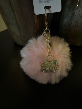 Pink Faux Fur Pom Pom Keychain with Gold Rhinestone Purse Charm